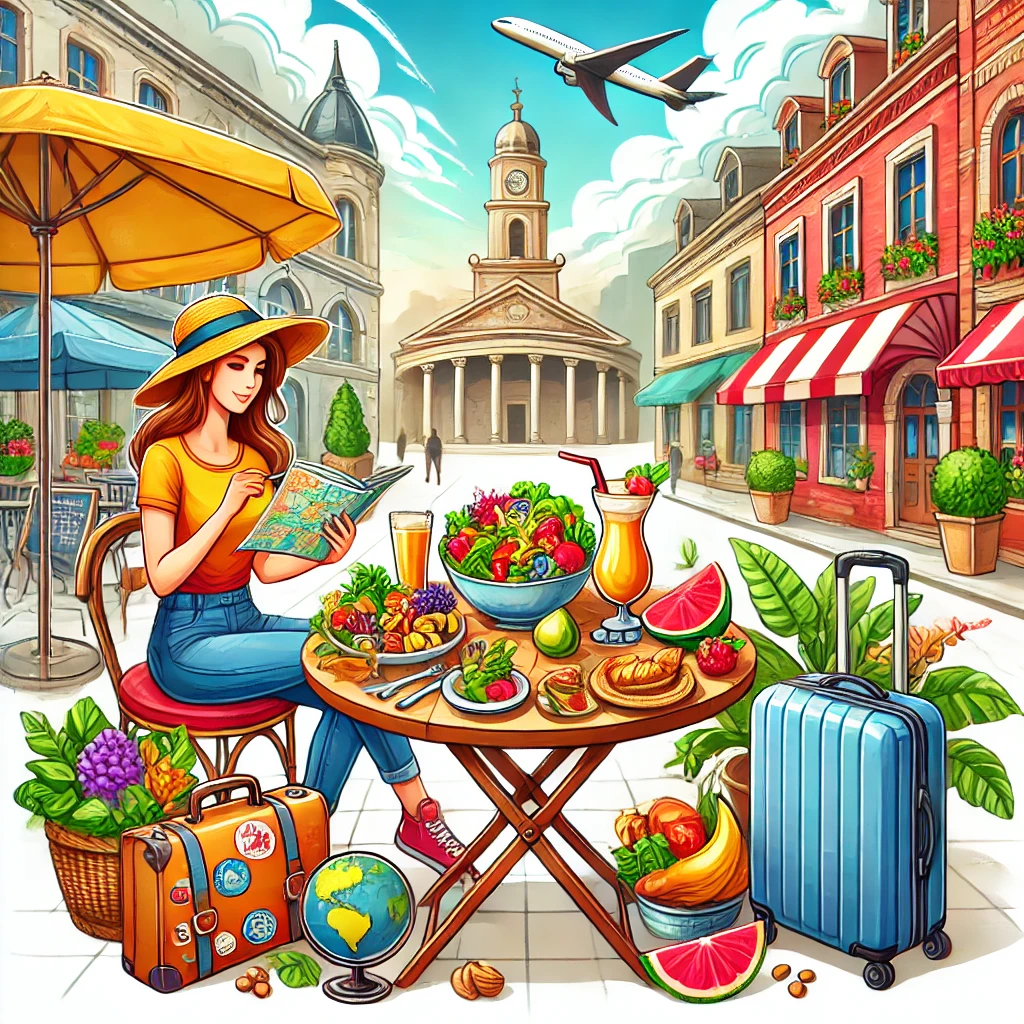 Traveler exploring a scenic destination while enjoying a healthy meal, symbolizing the balance between travel and nutrition